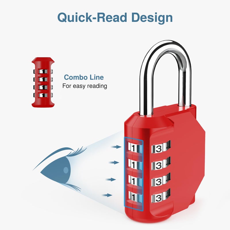 Puroma 2 Pack Combination Lock 4 Digit Outdoor Waterproof Padlock for School Gym Locker, Sports Locker, Fence, Toolbox, Gate, Case, Hasp Storage (Red) - Image 3